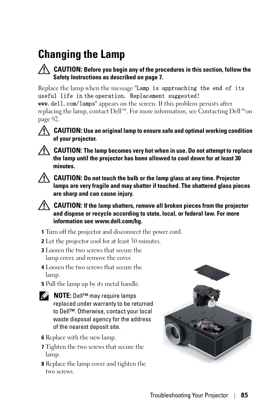 Changing the lamp | Dell 4610X User Manual | Page 85 / 98