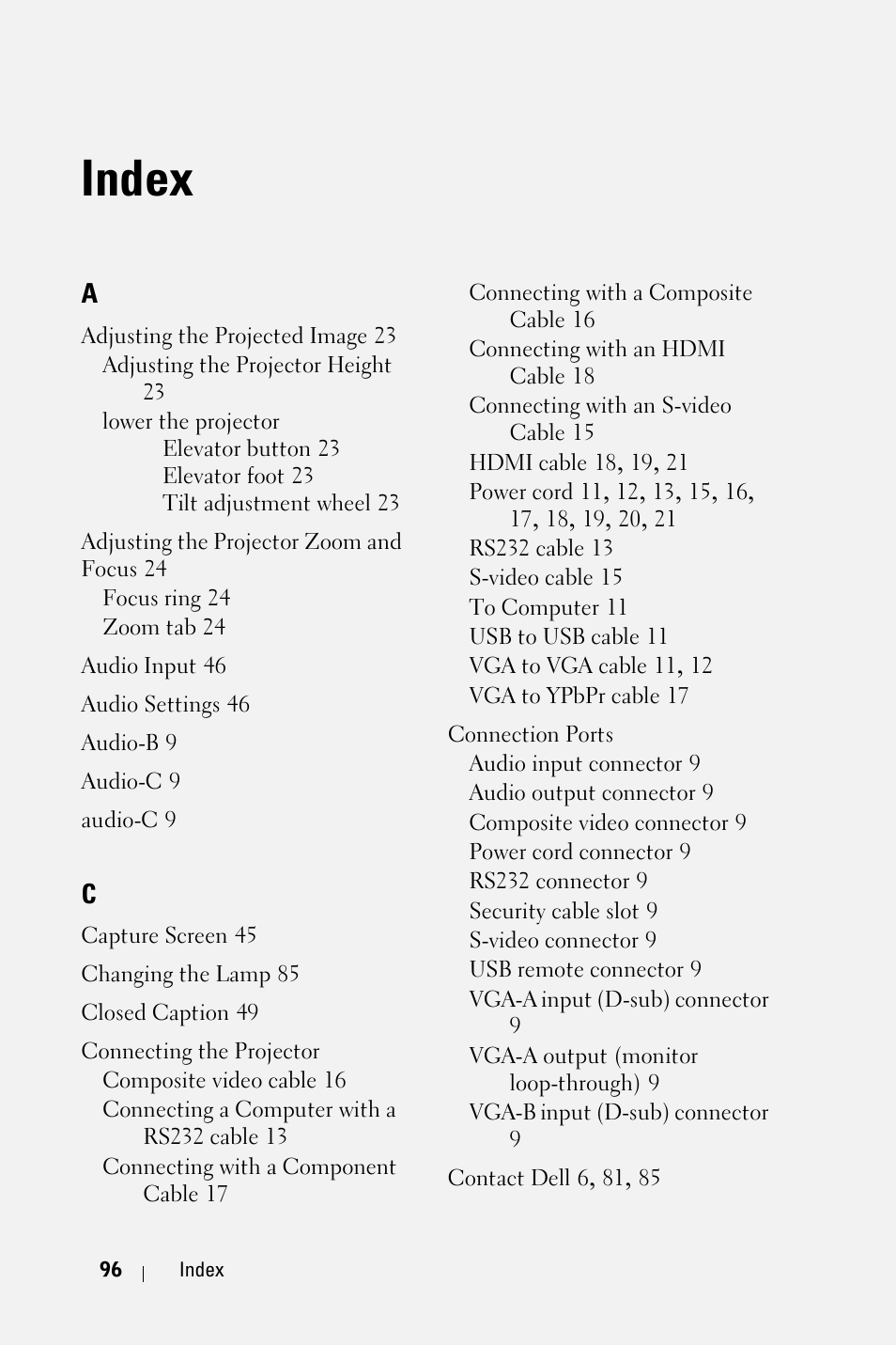 Index | Dell 4610X User Manual | Page 96 / 98