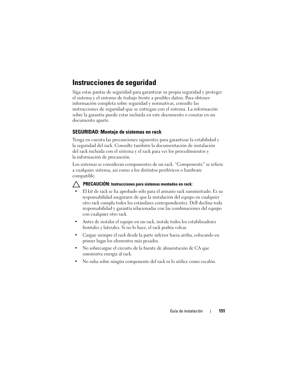 Instrucciones de seguridad, Seguridad: montaje de sistemas en rack | Dell PowerEdge 4820 User Manual | Page 153 / 186