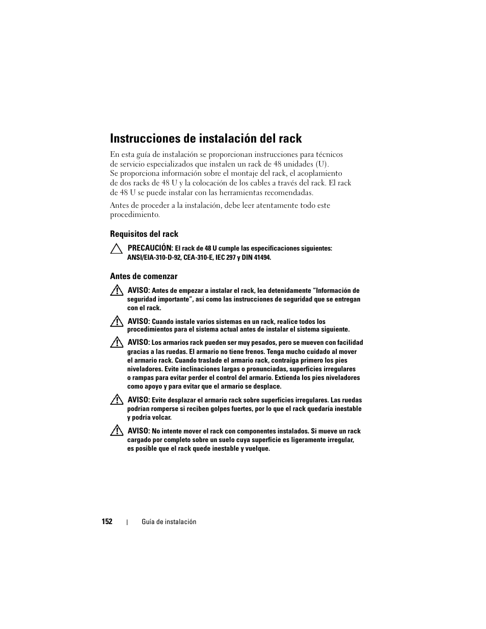 Instrucciones de instalación del rack, Requisitos del rack, Antes de comenzar | Dell PowerEdge 4820 User Manual | Page 154 / 186