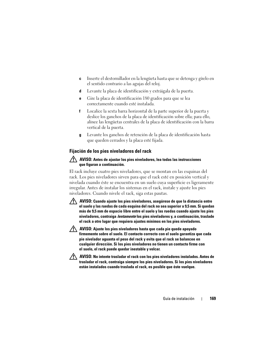 Fijación de los pies niveladores del rack | Dell PowerEdge 4820 User Manual | Page 171 / 186