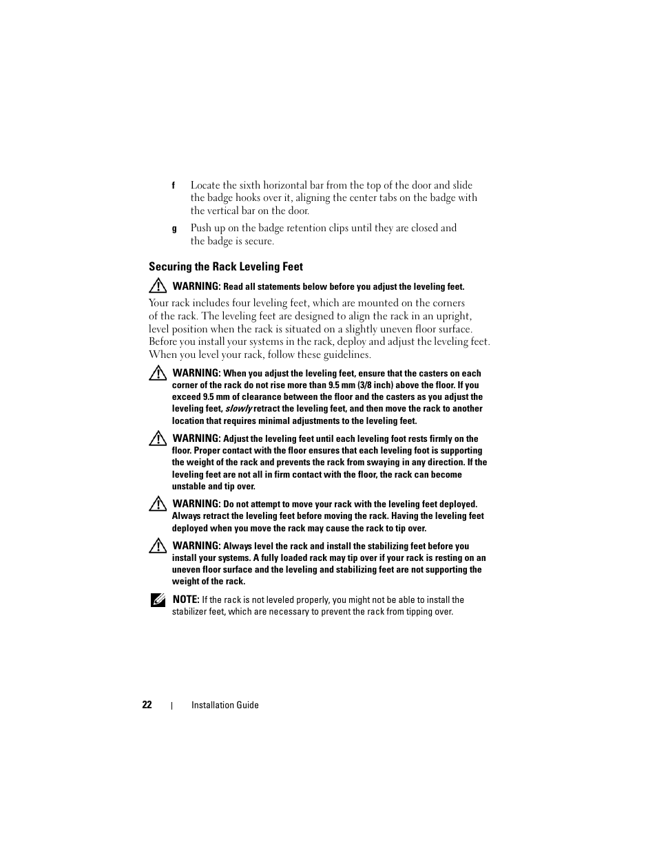 Securing the rack leveling feet | Dell PowerEdge 4820 User Manual | Page 24 / 186