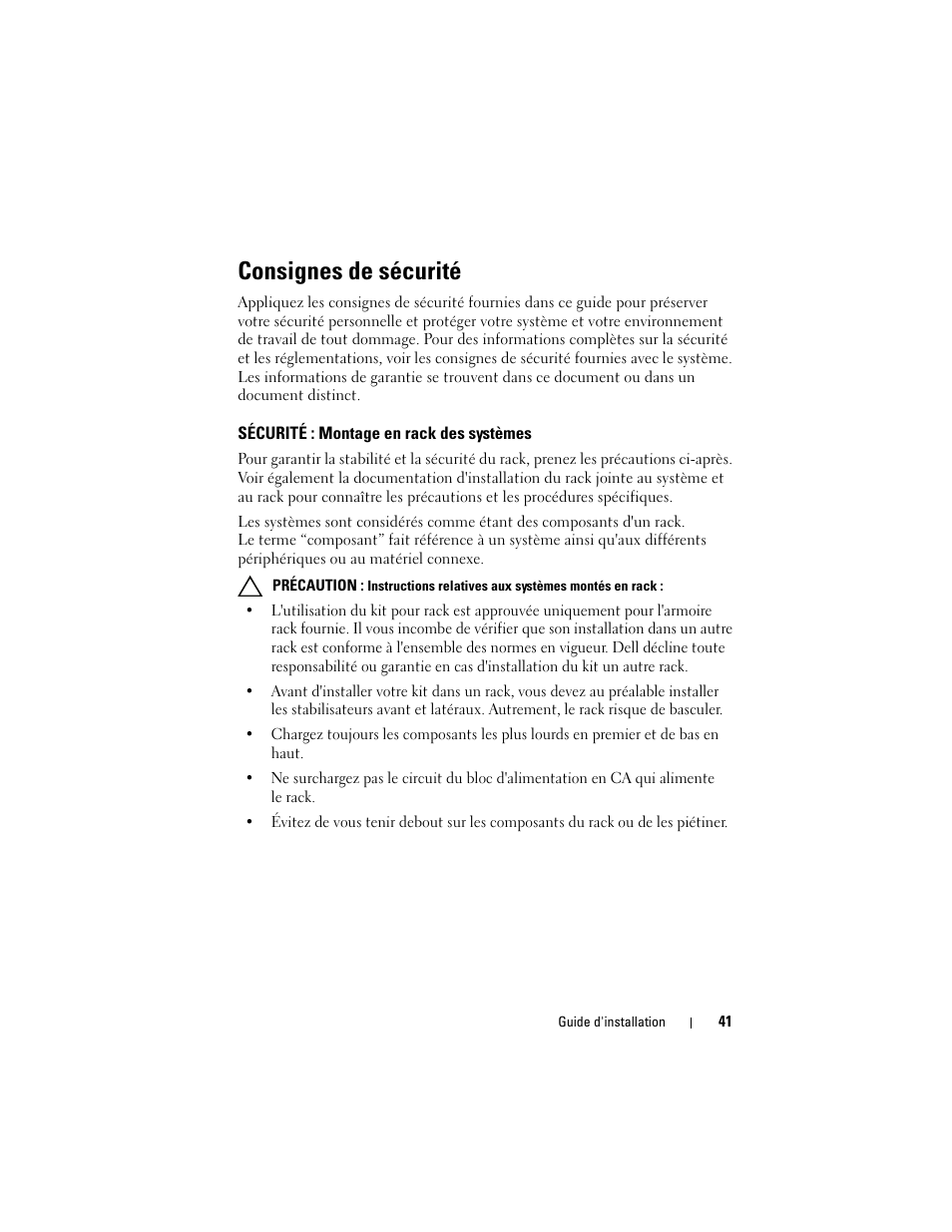 Consignes de sécurité, Sécurité : montage en rack des systèmes | Dell PowerEdge 4820 User Manual | Page 43 / 186