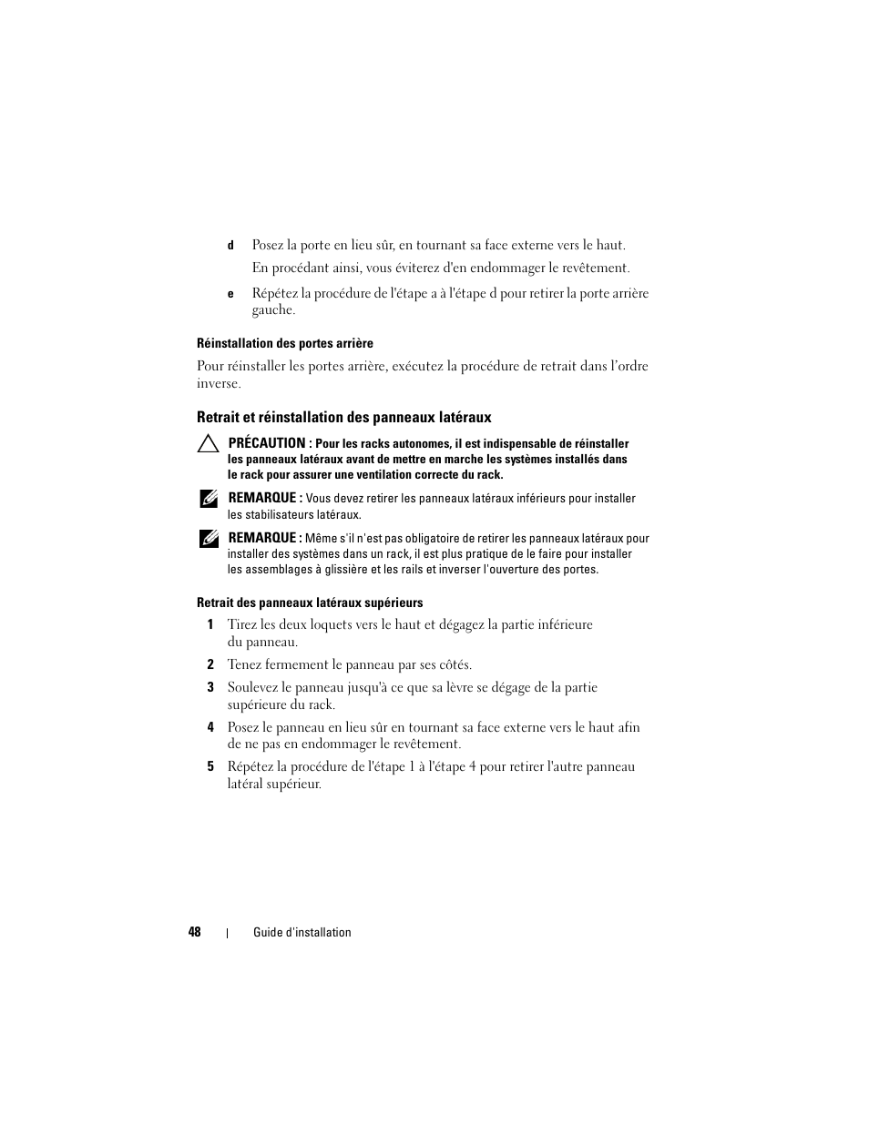 Retrait et réinstallation des panneaux latéraux | Dell PowerEdge 4820 User Manual | Page 50 / 186