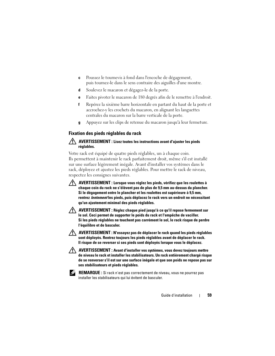 Fixation des pieds réglables du rack | Dell PowerEdge 4820 User Manual | Page 61 / 186