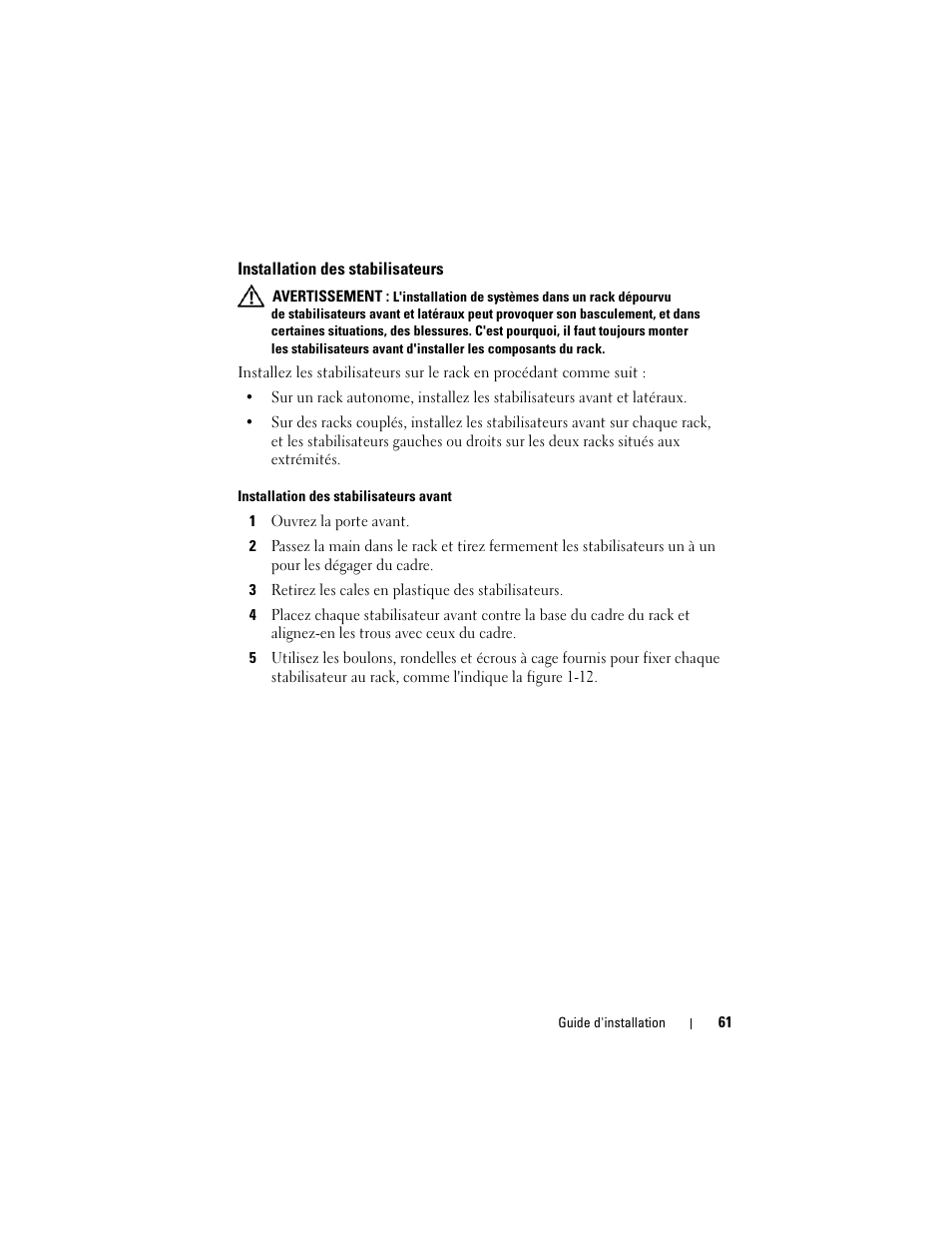 Installation des stabilisateurs | Dell PowerEdge 4820 User Manual | Page 63 / 186