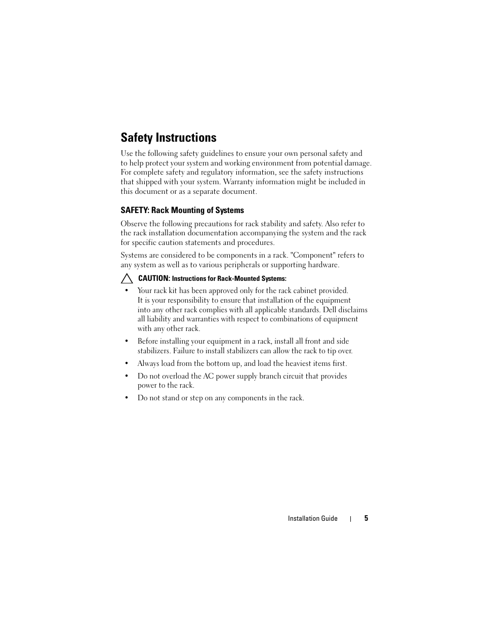 Safety instructions, Safety: rack mounting of systems | Dell PowerEdge 4820 User Manual | Page 7 / 186