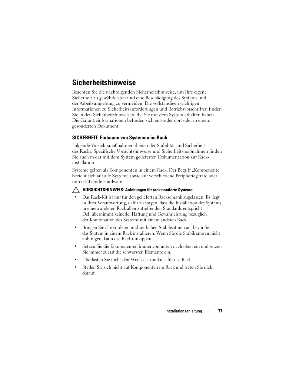 Sicherheitshinweise, Sicherheit: einbauen von systemen im rack | Dell PowerEdge 4820 User Manual | Page 79 / 186