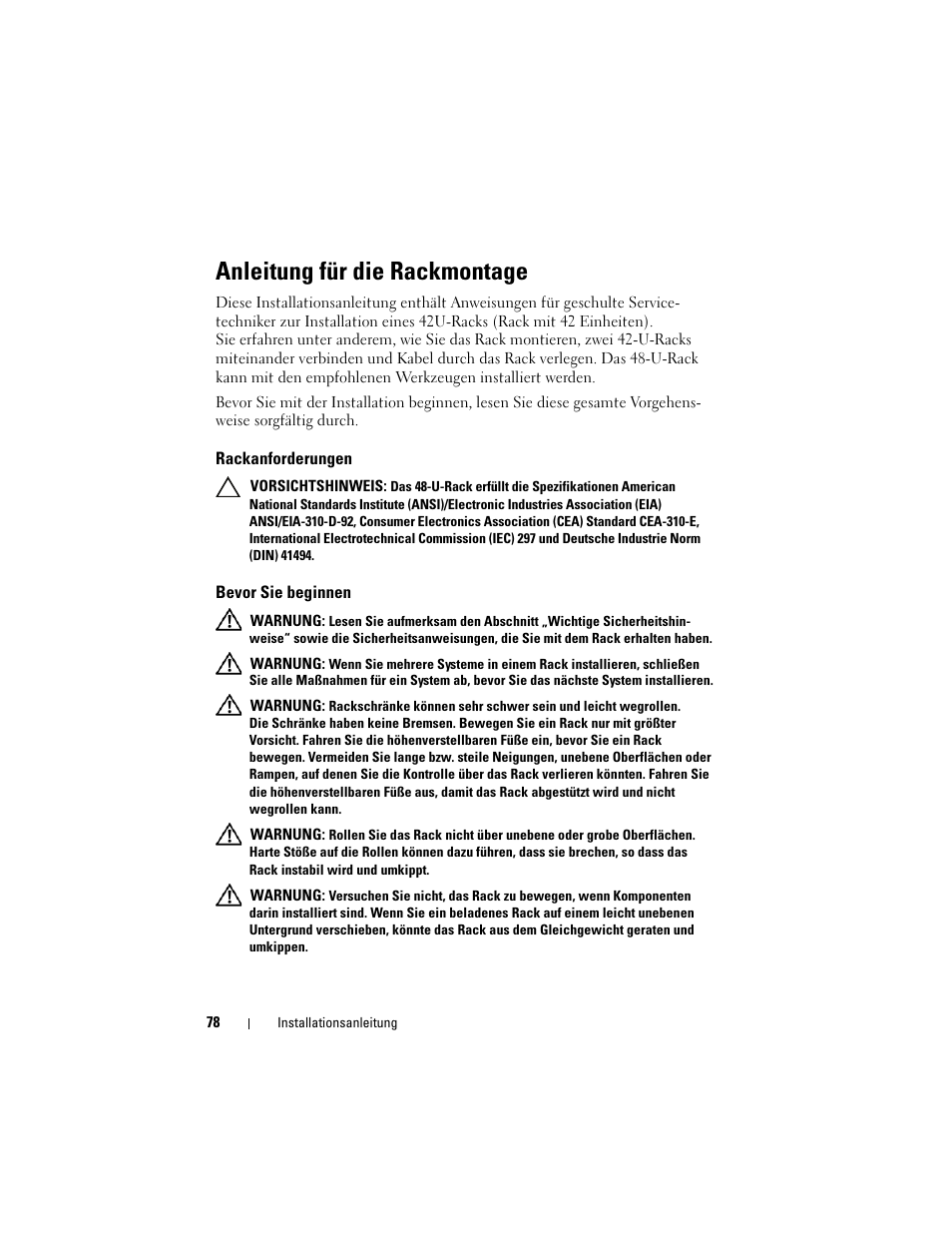 Anleitung für die rackmontage, Rackanforderungen, Bevor sie beginnen | Dell PowerEdge 4820 User Manual | Page 80 / 186