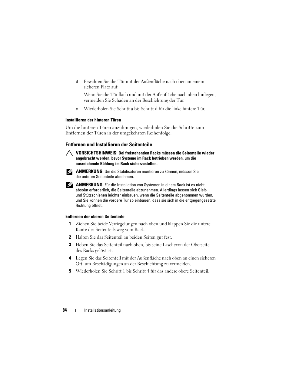 Entfernen und installieren der seitenteile | Dell PowerEdge 4820 User Manual | Page 86 / 186