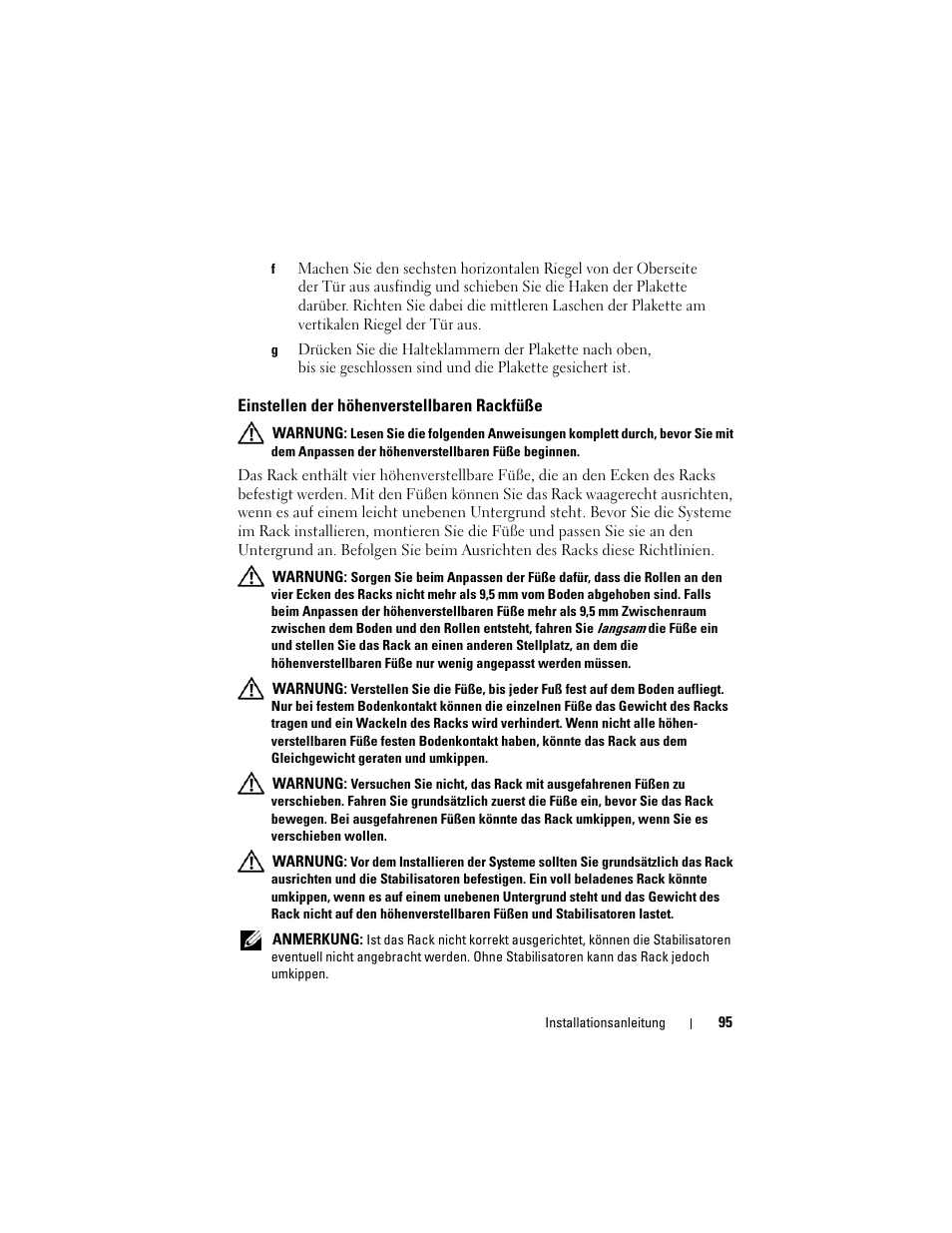 Einstellen der höhenverstellbaren rackfüße | Dell PowerEdge 4820 User Manual | Page 97 / 186