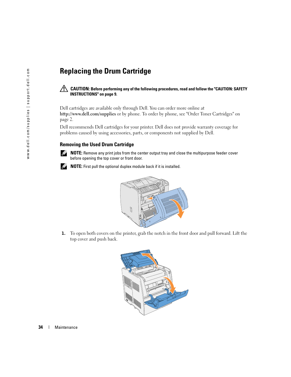 Replacing the drum cartridge, Removing the used drum cartridge | Dell 3000CN User Manual | Page 34 / 82