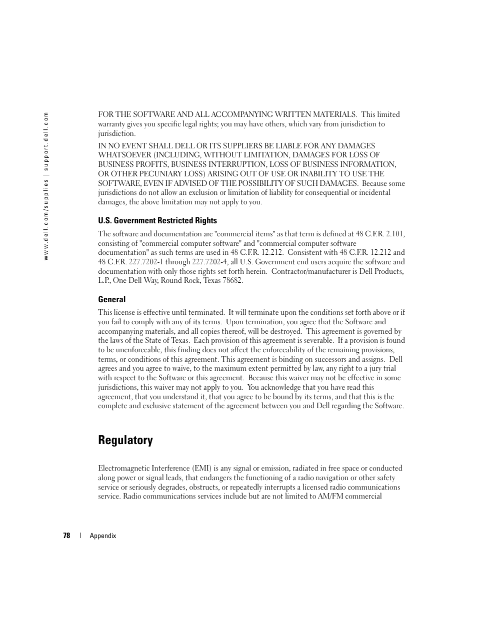 U.s. government restricted rights, General, Regulatory | U.s. government restricted rights general | Dell 3000CN User Manual | Page 78 / 82