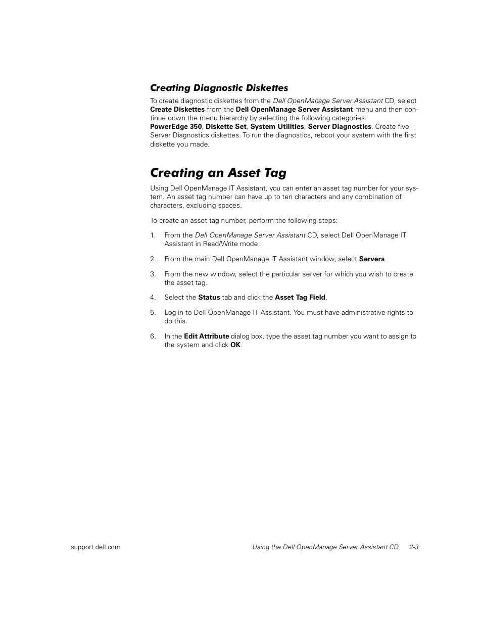 Creating an asset tag, Creating diagnostic diskettes | Dell PowerEdge 350 User Manual | Page 19 / 58