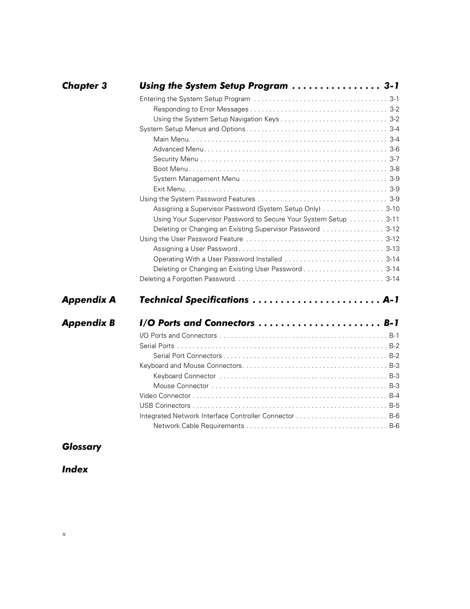 Chapter 3 using the system setup program -1, Glossary index | Dell PowerEdge 350 User Manual | Page 2 / 58