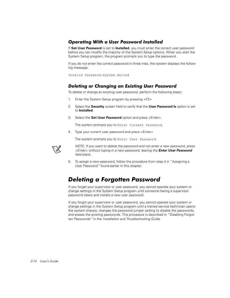 Deleting or changing an existing user password, Delet- ing a forgotten password, Deleting a forgotten password | Operating with a user password installed | Dell PowerEdge 350 User Manual | Page 34 / 58