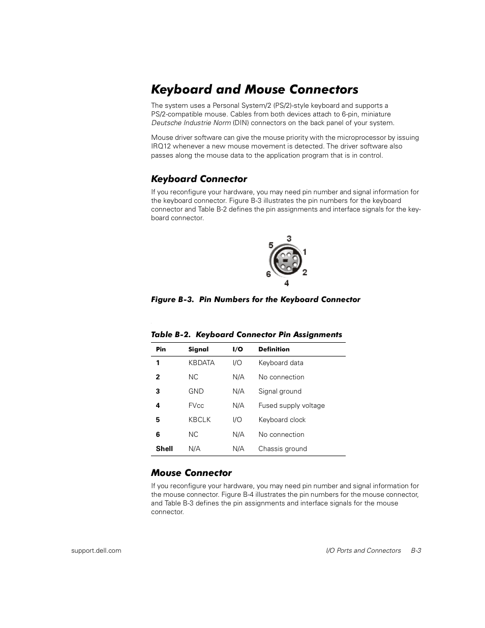 Keyboard and mouse connectors, Keyboard connector, Mouse connector | Dell PowerEdge 350 User Manual | Page 41 / 58