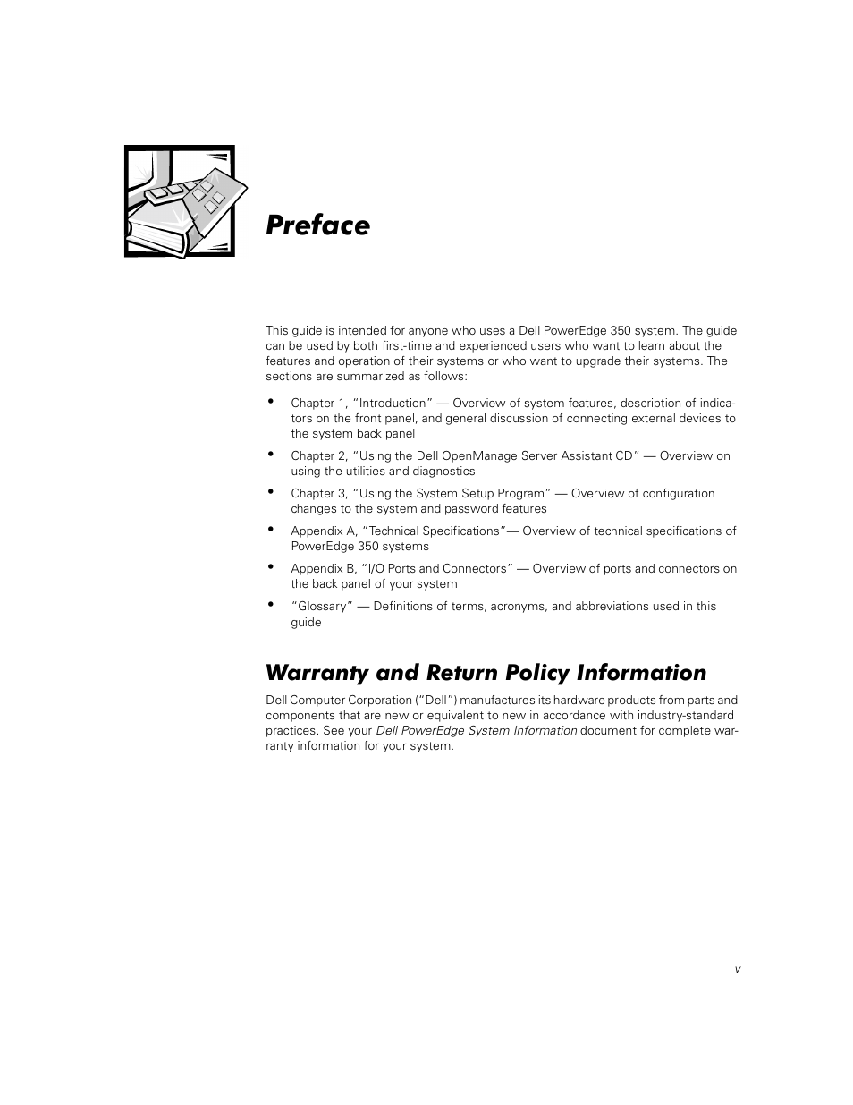 Preface, Warranty and return policy information | Dell PowerEdge 350 User Manual | Page 5 / 58