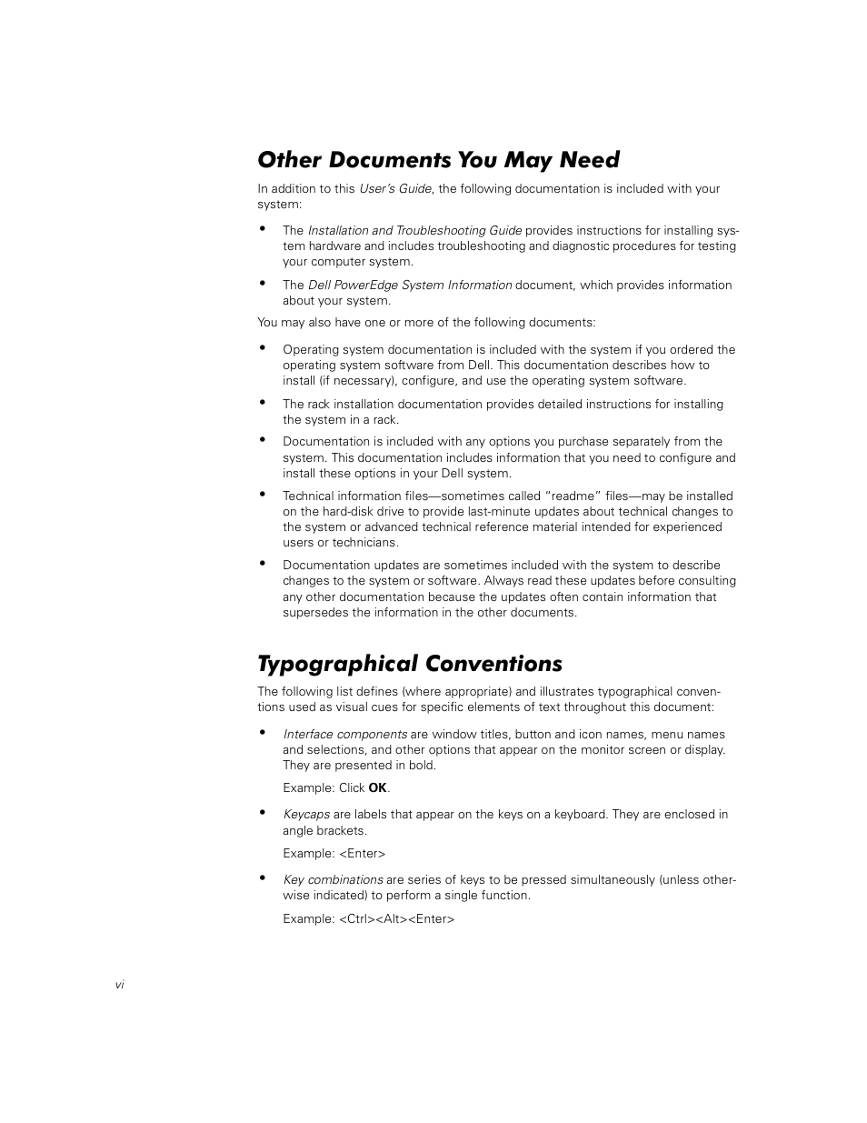 Other documents you may need, Typographical conventions | Dell PowerEdge 350 User Manual | Page 6 / 58