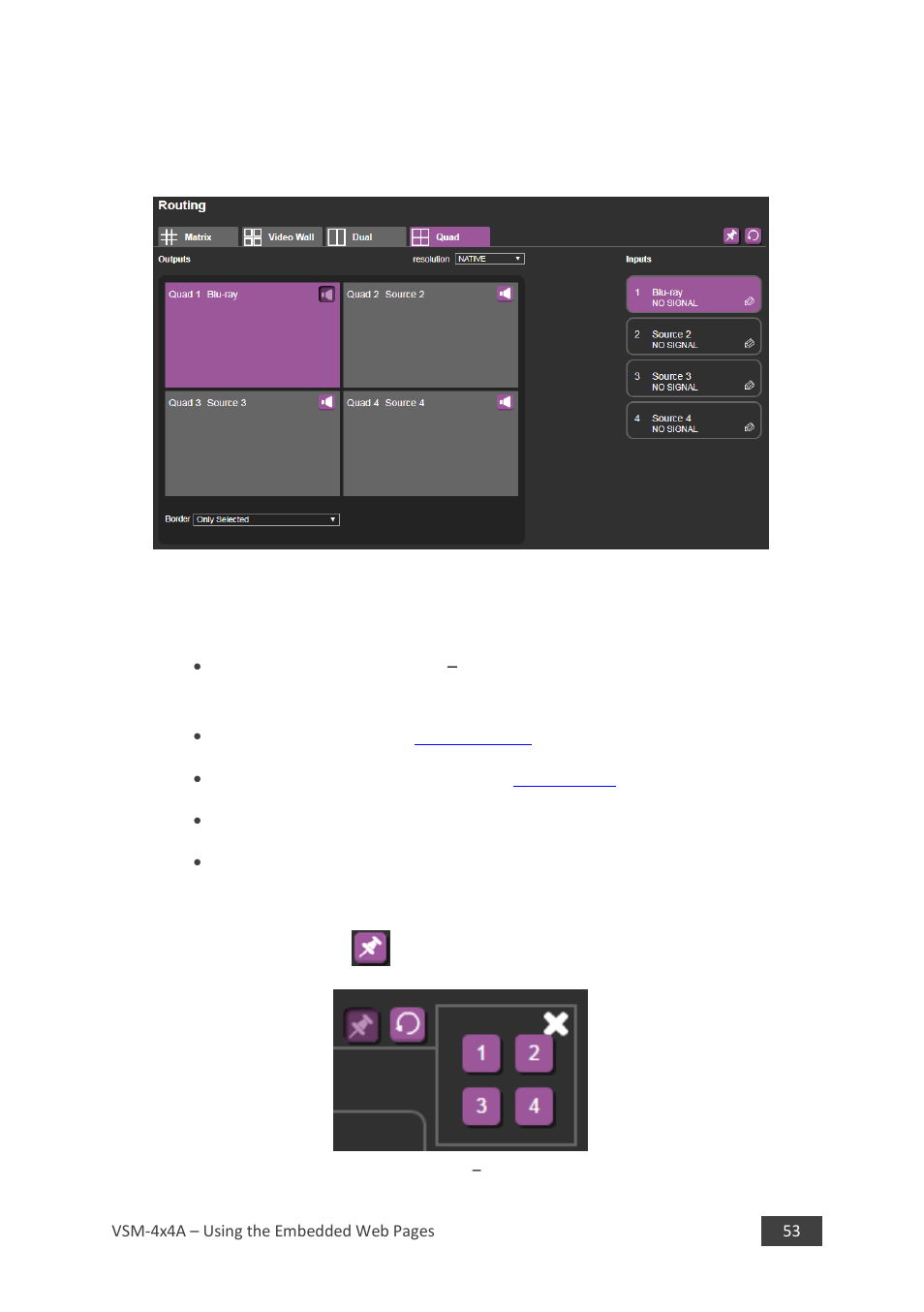 4 quad mode, 5 storing and recalling a configuration, Figure 30: the quad tab | Figure 31: the matrix tab, Store a configuration, Ion 8.2.4, Ion 8.2.5 | Kramer 4 x 4 Seamless AV Matrix Switcher/Multi-Scaler User Manual | Page 60 / 117
