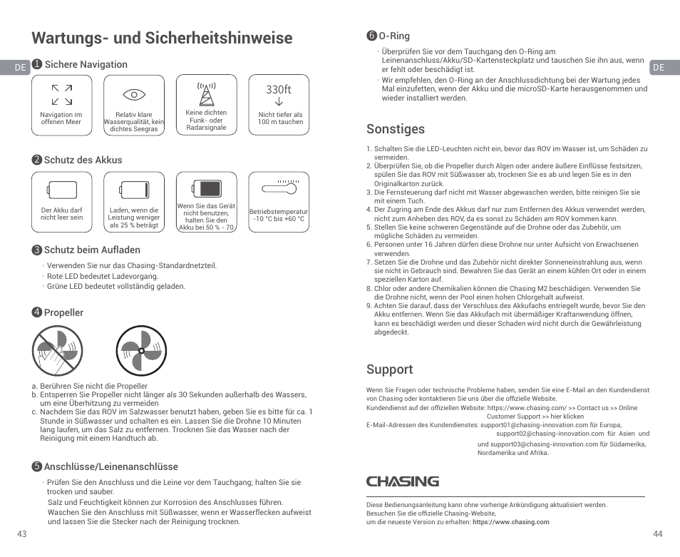 Wartungs- und sicherheitshinweise, Sonstiges, Support | 330ft | CHASING M2 S Industrial Underwater ROV (328' Tether) User Manual | Page 23 / 51