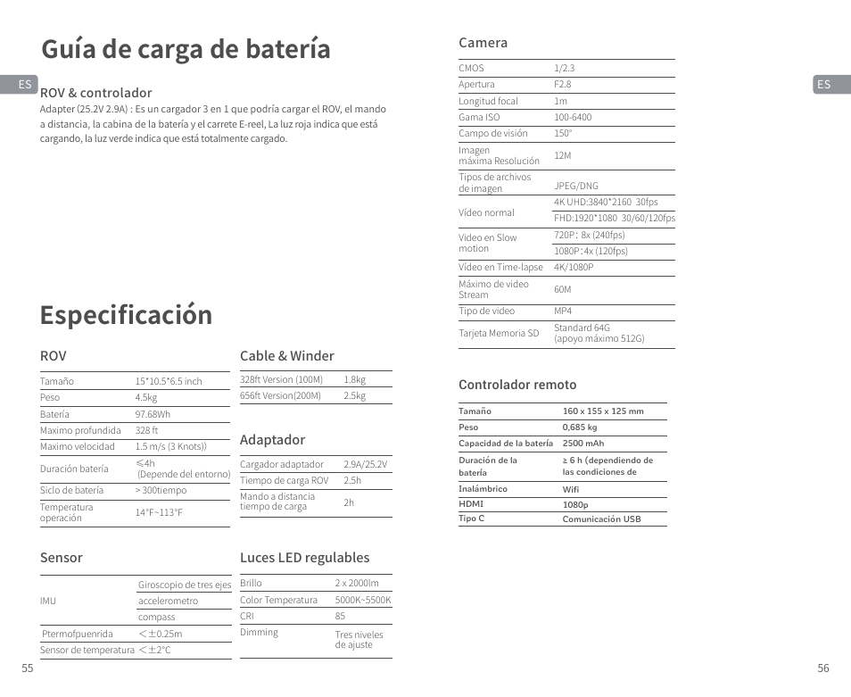 Guía de carga de batería, Especiﬁcación | CHASING M2 S Industrial Underwater ROV (328' Tether) User Manual | Page 29 / 51