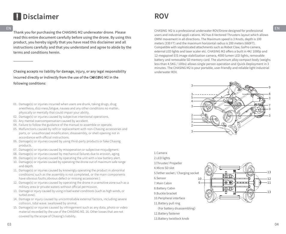 Disclaimer | CHASING M2 S Industrial Underwater ROV (328' Tether) User Manual | Page 3 / 51