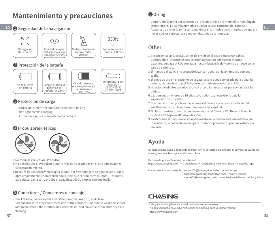 Mantenimiento y precauciones, Other, Ayuda | 330ft | CHASING M2 S Industrial Underwater ROV (328' Tether) User Manual | Page 30 / 51