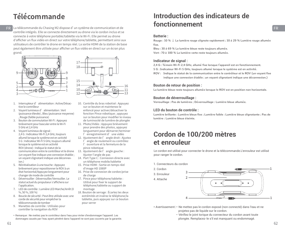 Télécommande, Introduction des indicateurs de fonctionnement | CHASING M2 S Industrial Underwater ROV (328' Tether) User Manual | Page 32 / 51