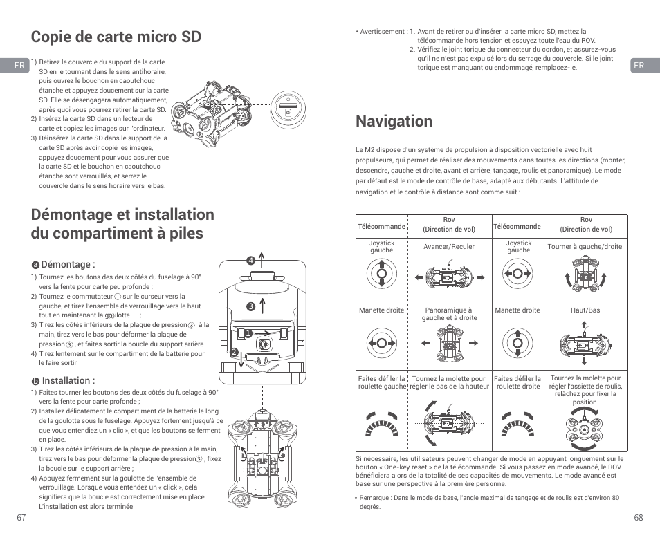 Copie de carte micro sd, Démontage et installation du compartiment à piles, Navigation | CHASING M2 S Industrial Underwater ROV (328' Tether) User Manual | Page 35 / 51