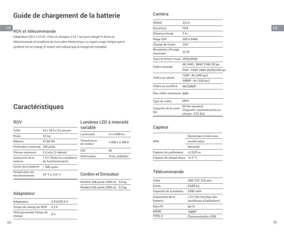 Guide de chargement de la batterie, Caractéristiques | CHASING M2 S Industrial Underwater ROV (328' Tether) User Manual | Page 36 / 51