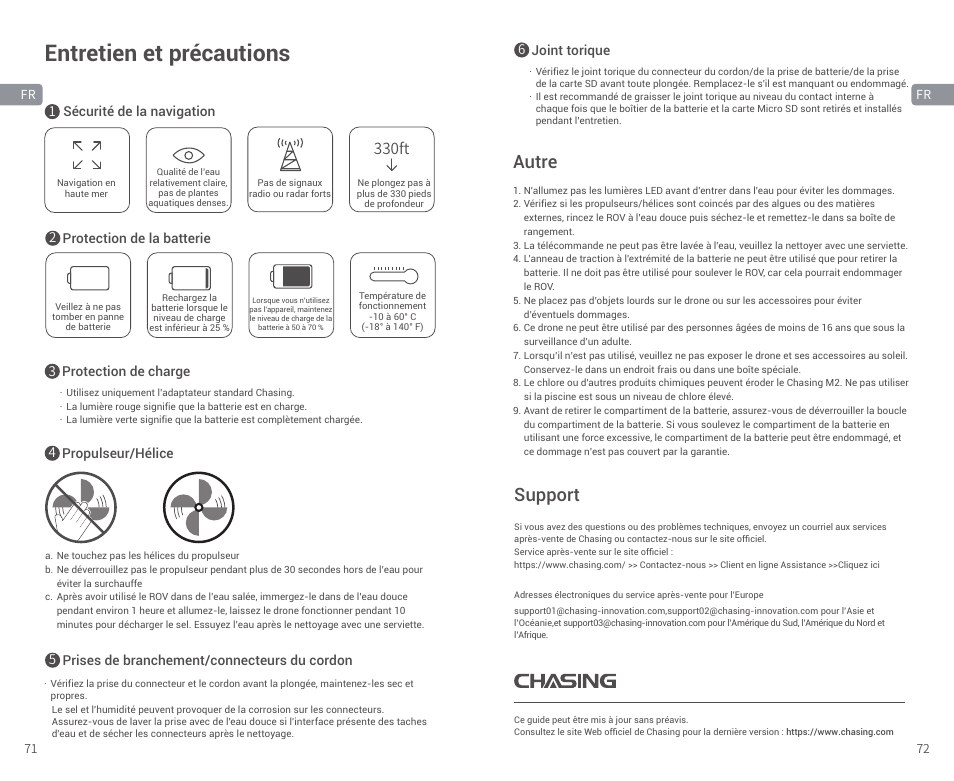 Entretien et précautions, Support, Autre | 330ft | CHASING M2 S Industrial Underwater ROV (328' Tether) User Manual | Page 37 / 51