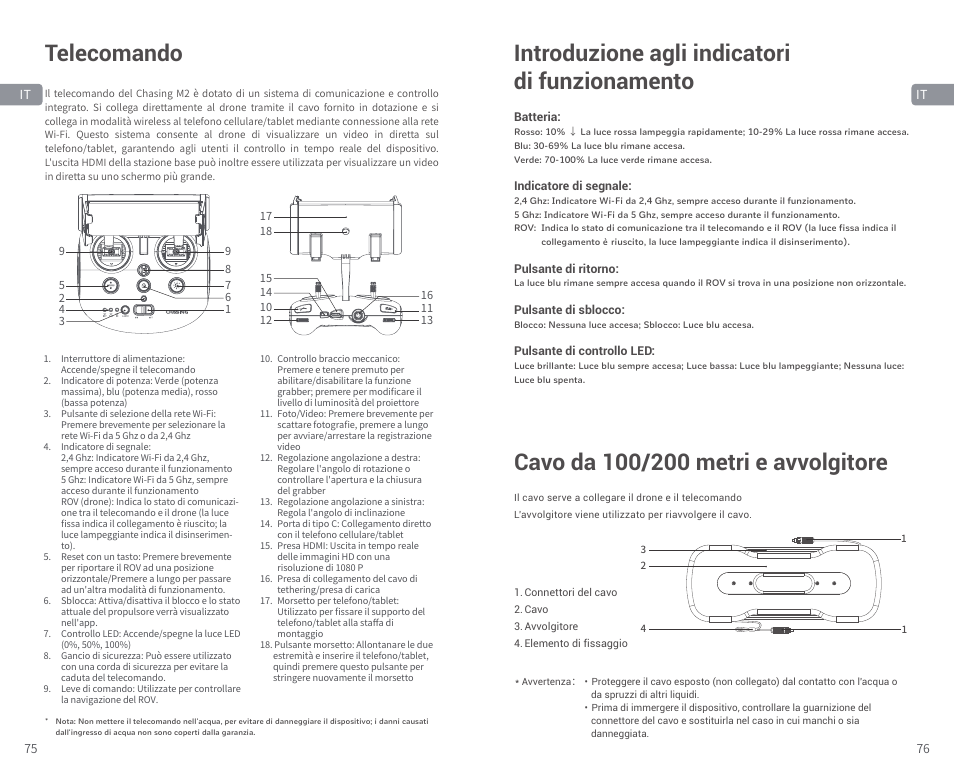 Telecomando, Introduzione agli indicatori di funzionamento | CHASING M2 S Industrial Underwater ROV (328' Tether) User Manual | Page 39 / 51