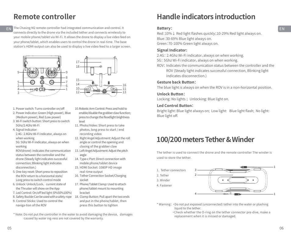 Remote controller, Handle indicators introduction | CHASING M2 S Industrial Underwater ROV (328' Tether) User Manual | Page 4 / 51