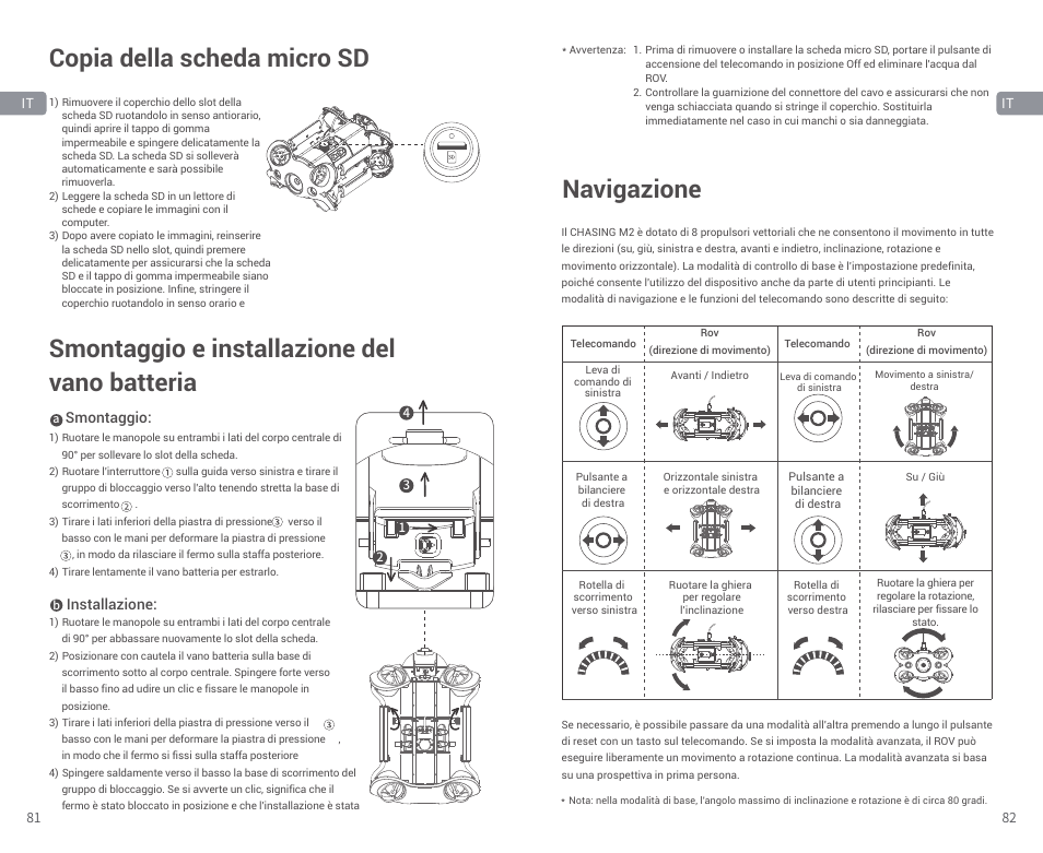 Navigation, Copia della scheda micro sd, Smontaggio e installazione del vano batteria | Navigazione | CHASING M2 S Industrial Underwater ROV (328' Tether) User Manual | Page 42 / 51