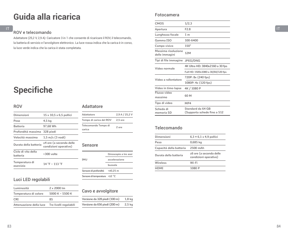 Guida alla ricarica, Specifiche | CHASING M2 S Industrial Underwater ROV (328' Tether) User Manual | Page 43 / 51