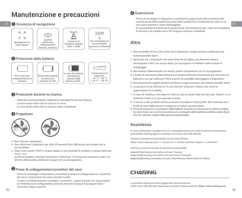 Manutenzione e precauzioni, Altro, Assistenza | 330ft | CHASING M2 S Industrial Underwater ROV (328' Tether) User Manual | Page 44 / 51