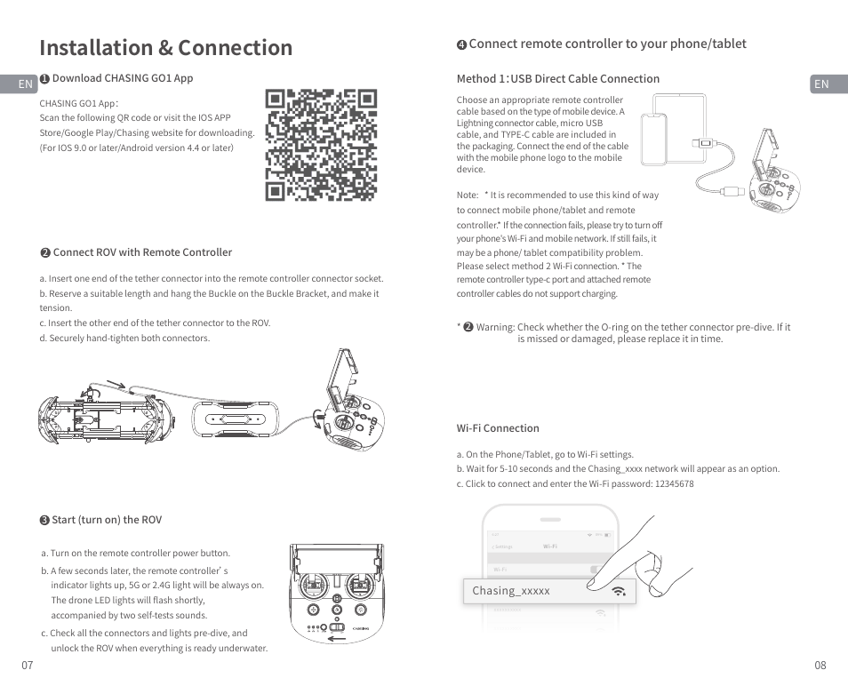 Installation & connection, Connect remote controller to your phone/tablet | CHASING M2 S Industrial Underwater ROV (328' Tether) User Manual | Page 5 / 51