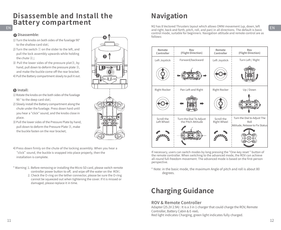 Disassemble and install the battery compartment, Navigation, Charging guidance | CHASING M2 S Industrial Underwater ROV (328' Tether) User Manual | Page 7 / 51