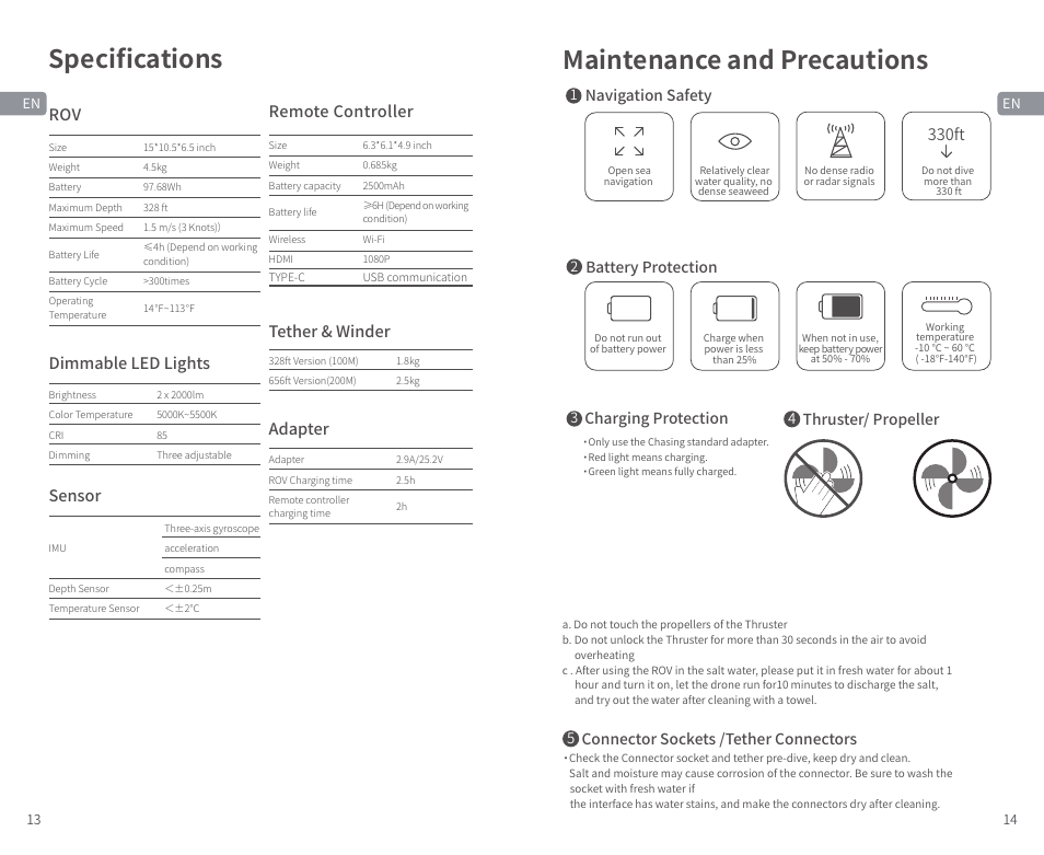 Maintenance and precautions, Speciﬁcations, 330ft | Tether & winder, Adapter, Dimmable led lights, Sensor, Remote controller | CHASING M2 S Industrial Underwater ROV (328' Tether) User Manual | Page 8 / 51