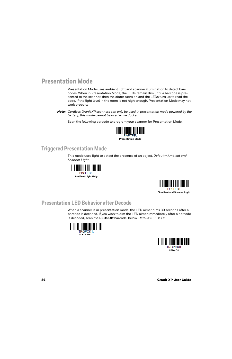 Presentation mode, Triggered presentation mode, Presentation led behavior after decode | Honeywell Granit 1991iSR Ultra-Rugged Standard-Range Barcode Scanner User Manual | Page 102 / 308