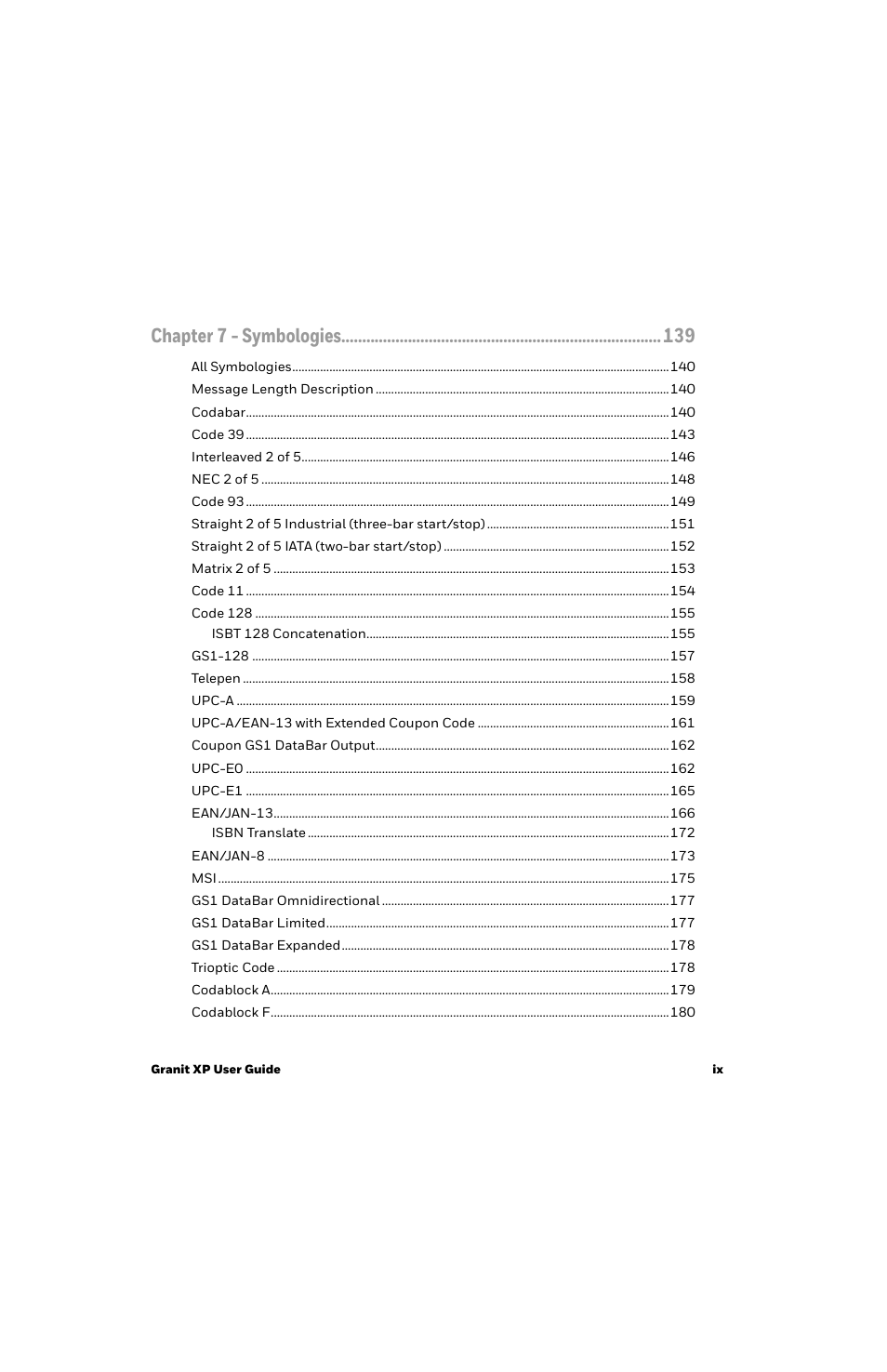 Chapter 7 - symbologies | Honeywell Granit 1991iSR Ultra-Rugged Standard-Range Barcode Scanner User Manual | Page 11 / 308