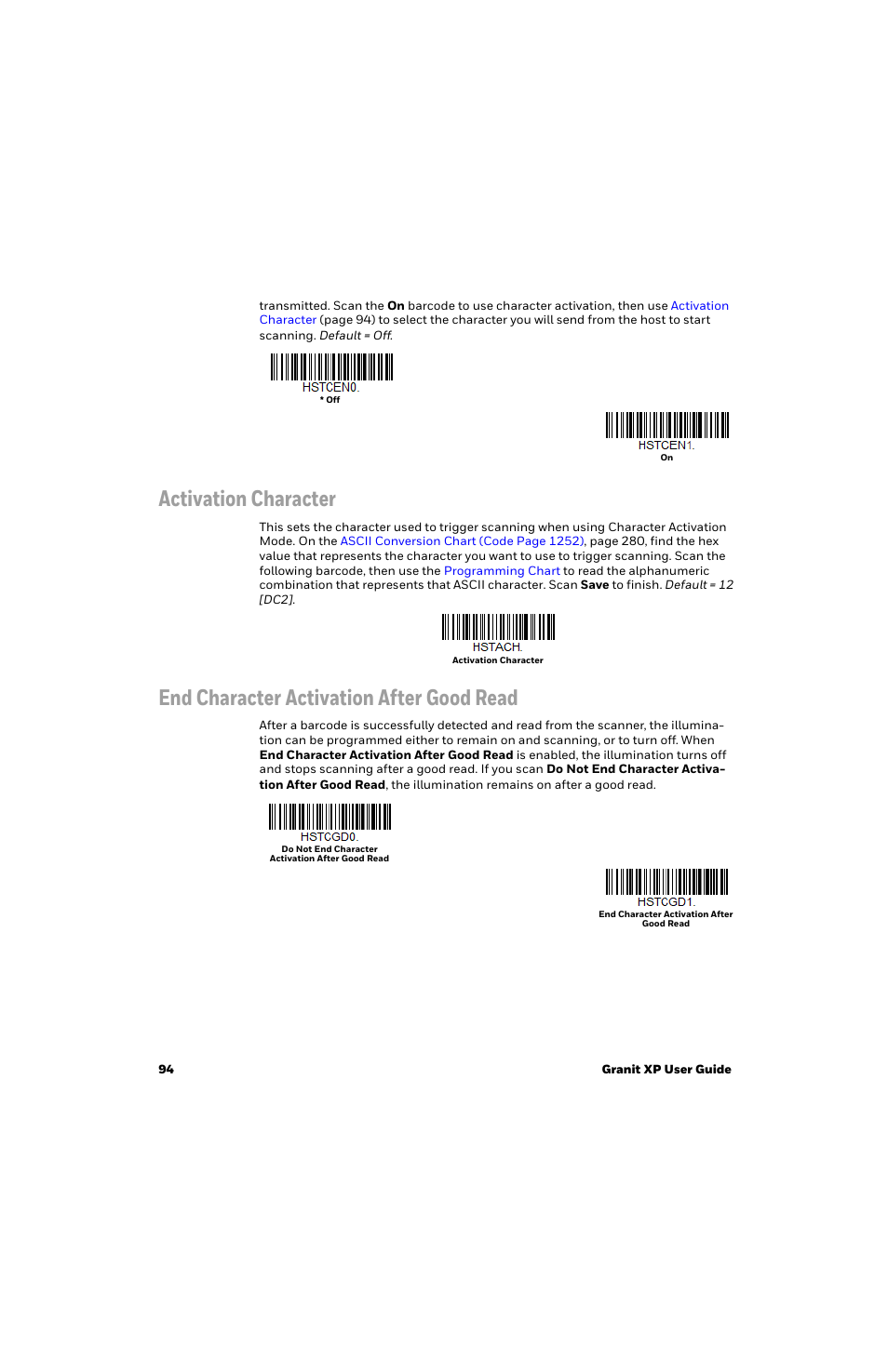 Activation character, End character activation after good read | Honeywell Granit 1991iSR Ultra-Rugged Standard-Range Barcode Scanner User Manual | Page 110 / 308