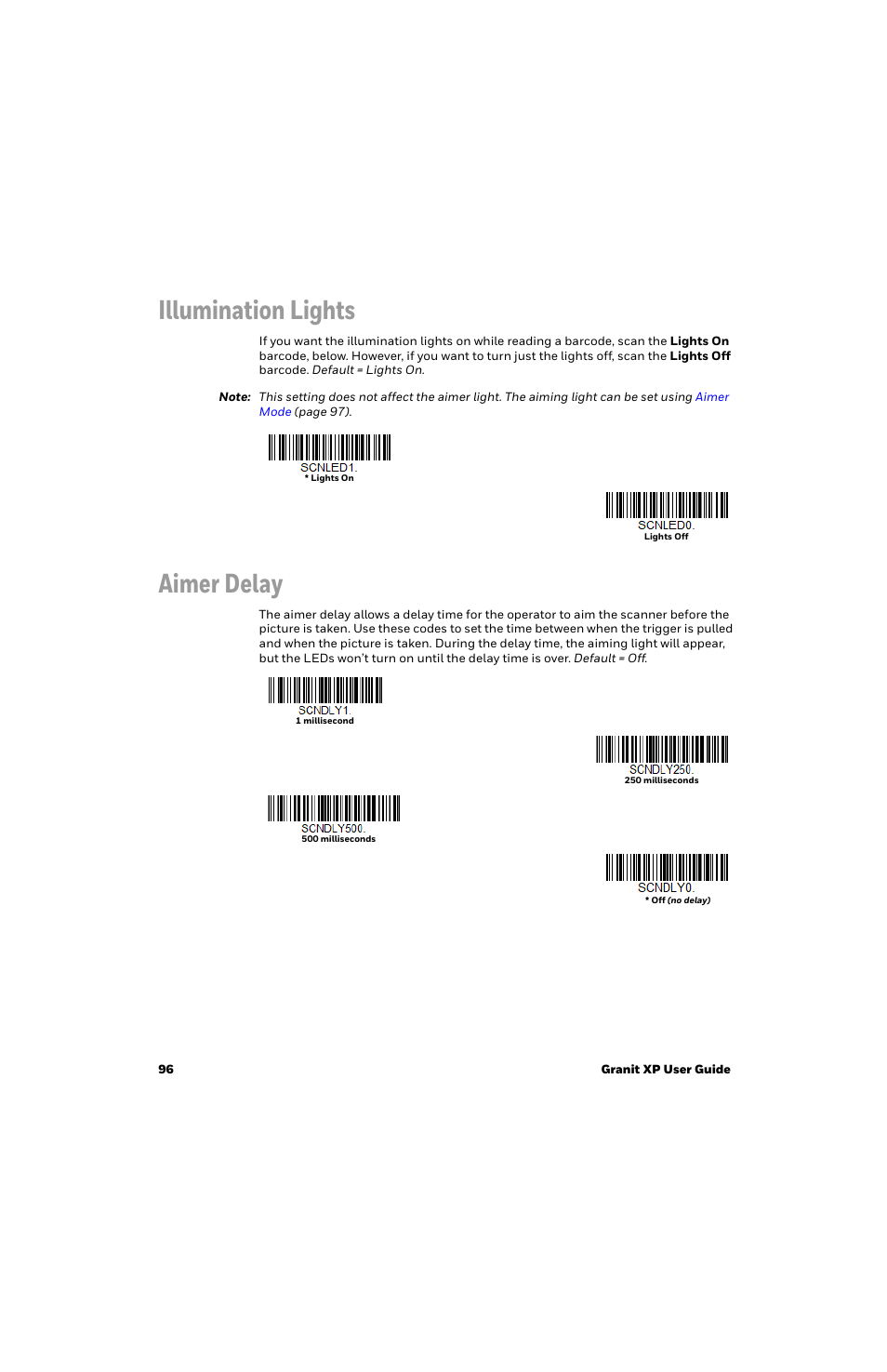 Illumination lights, Aimer delay | Honeywell Granit 1991iSR Ultra-Rugged Standard-Range Barcode Scanner User Manual | Page 112 / 308