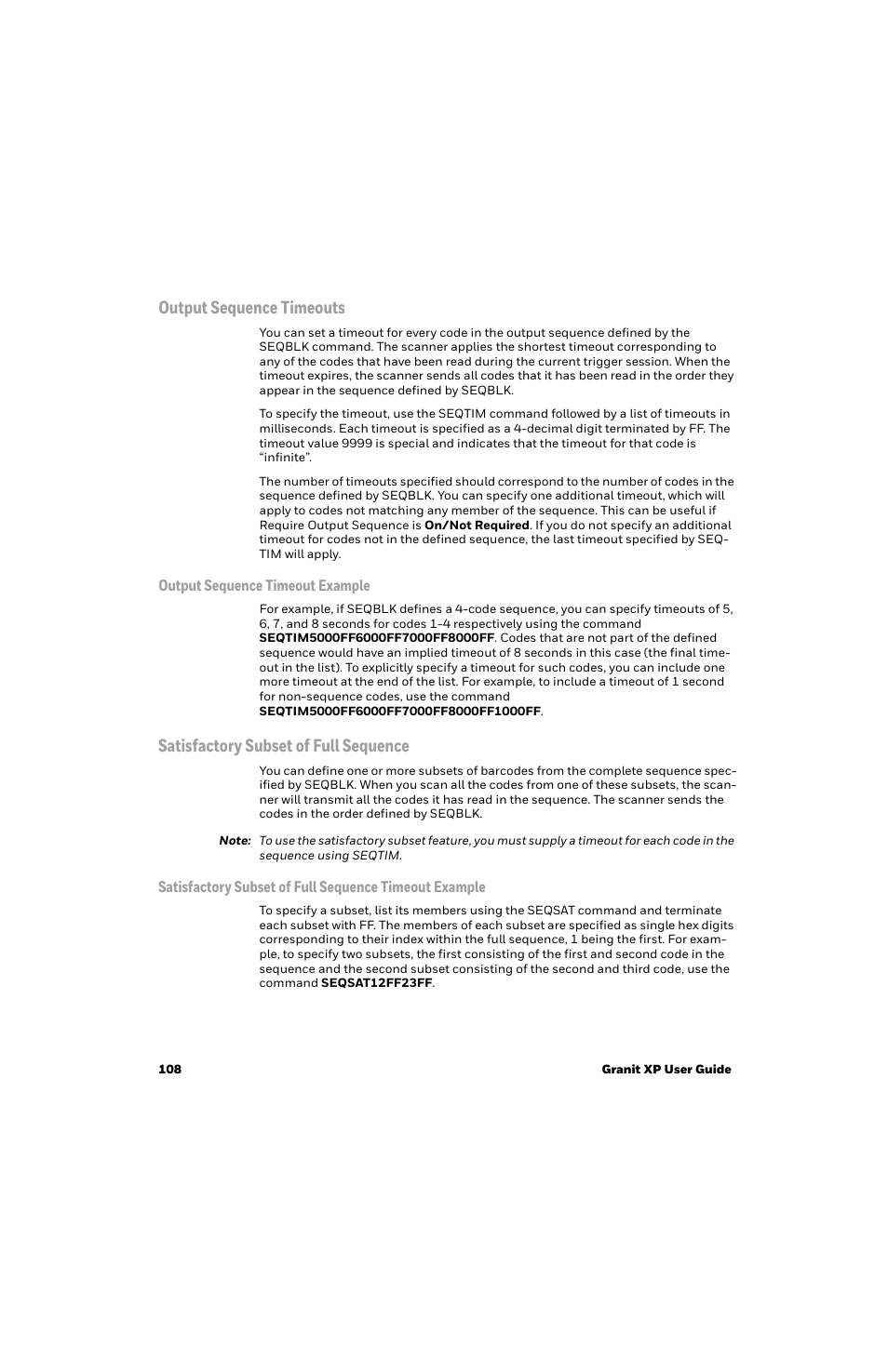 Output sequence timeouts, Satisfactory subset of full sequence | Honeywell Granit 1991iSR Ultra-Rugged Standard-Range Barcode Scanner User Manual | Page 124 / 308