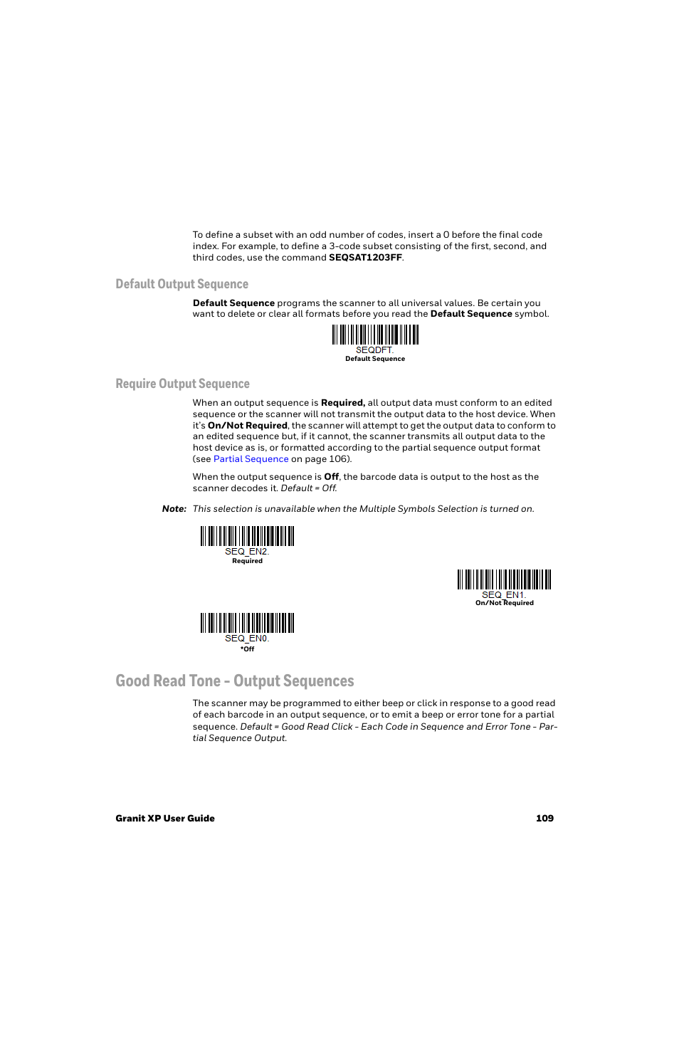 Default output sequence, Require output sequence, Good read tone - output sequences | Honeywell Granit 1991iSR Ultra-Rugged Standard-Range Barcode Scanner User Manual | Page 125 / 308