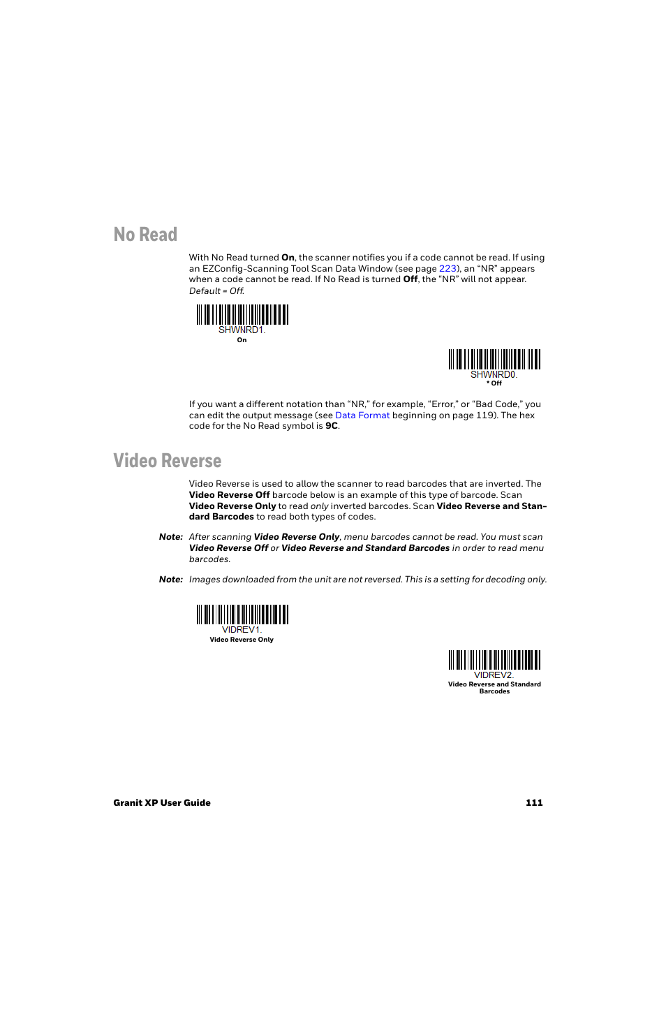No read, Video reverse | Honeywell Granit 1991iSR Ultra-Rugged Standard-Range Barcode Scanner User Manual | Page 127 / 308