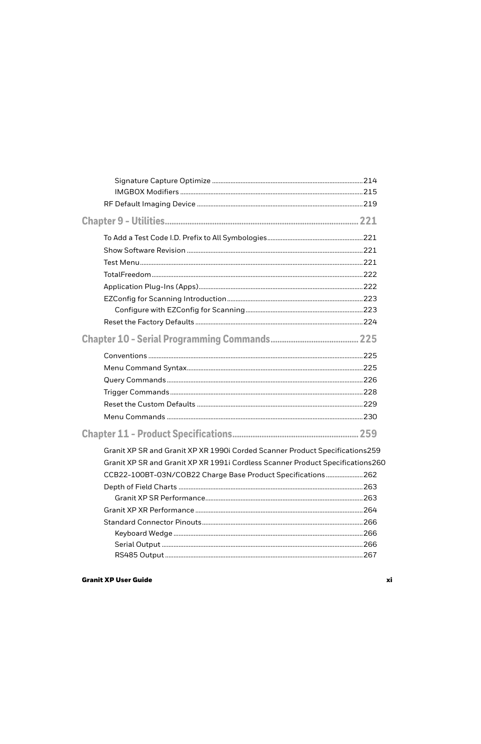 Chapter 9 - utilities, Chapter 10 - serial programming commands, Chapter 11 - product specifications | Honeywell Granit 1991iSR Ultra-Rugged Standard-Range Barcode Scanner User Manual | Page 13 / 308