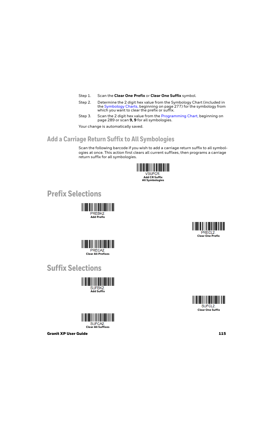 Add a carriage return suffix to all symbologies, Prefix selections, Suffix selections | Prefix selections suffix selections | Honeywell Granit 1991iSR Ultra-Rugged Standard-Range Barcode Scanner User Manual | Page 131 / 308