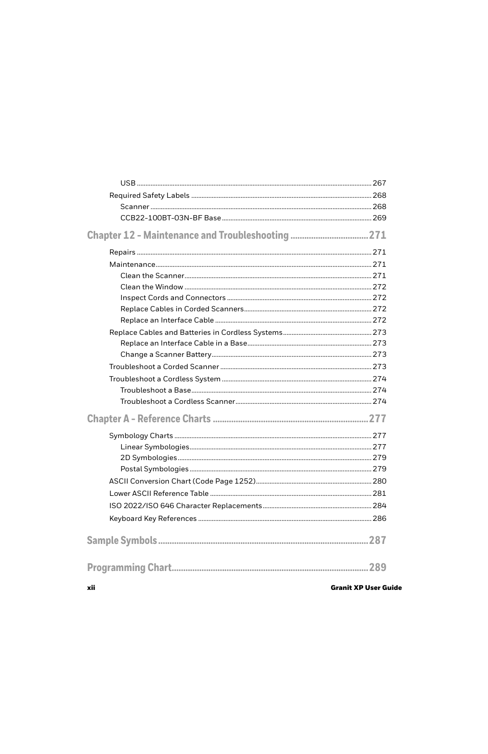 Chapter 12 - maintenance and troubleshooting, Chapter a - reference charts, Sample symbols programming chart | Honeywell Granit 1991iSR Ultra-Rugged Standard-Range Barcode Scanner User Manual | Page 14 / 308